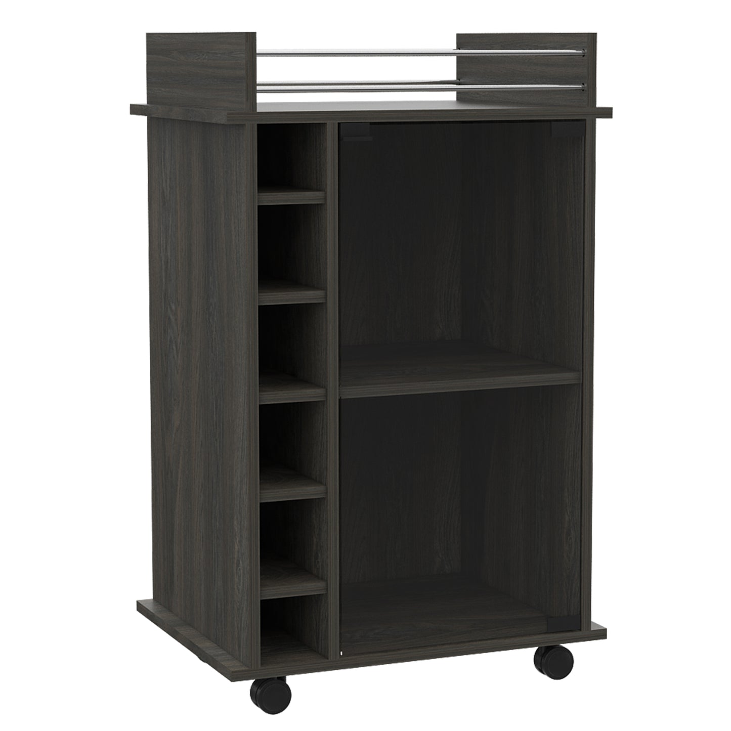 Dark grey wood bar cart with bottle slots and shelves