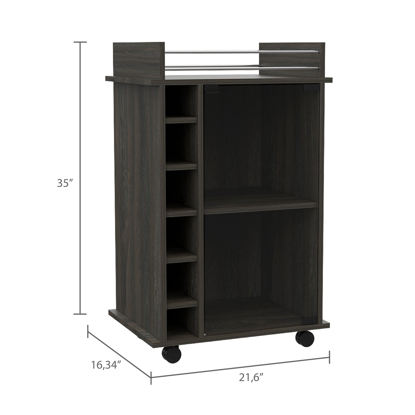 Dark wood bar cart with chrome rails and wheels