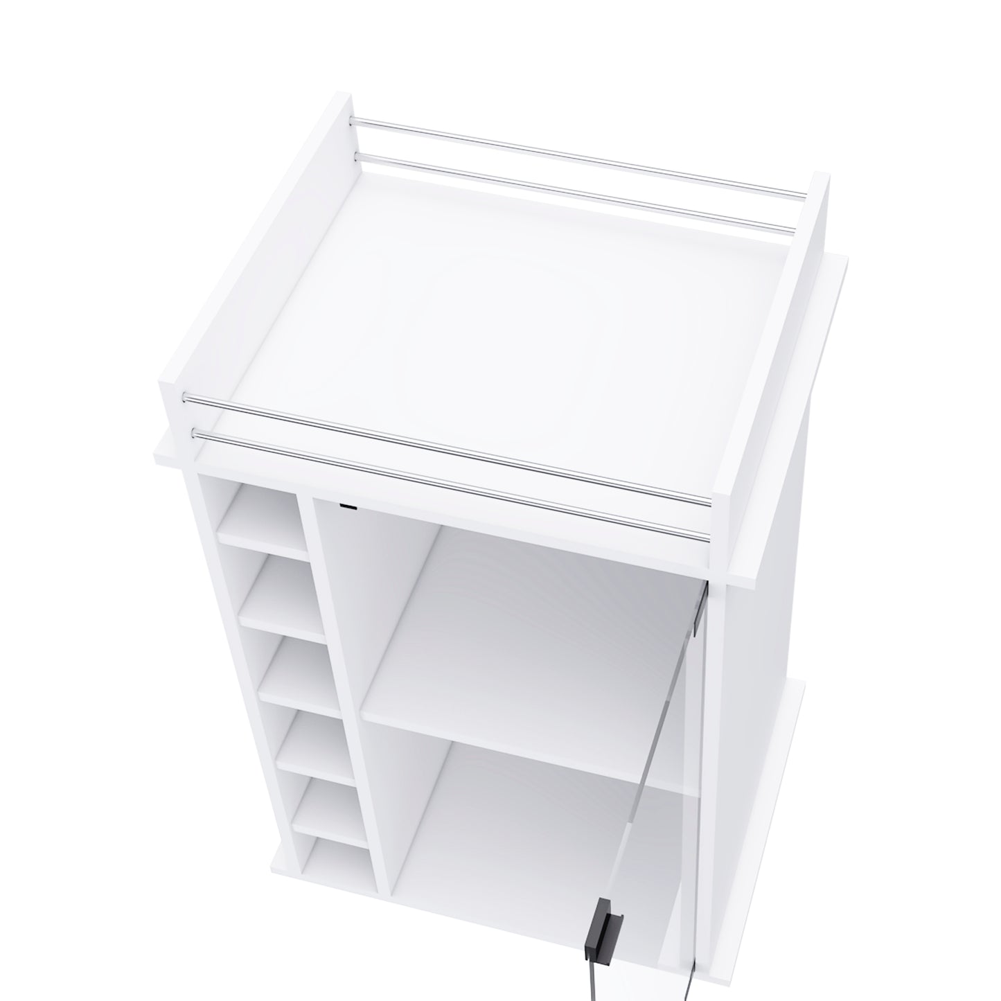White modern bar cart with metal rails and glass door