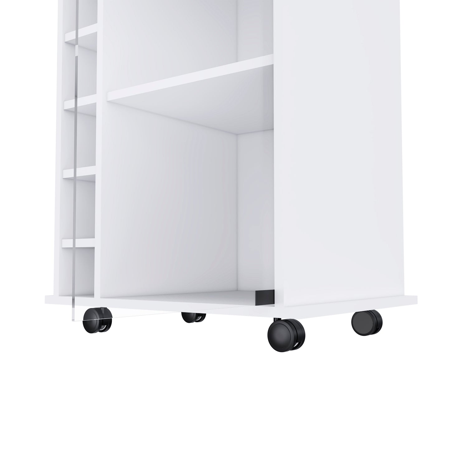 White storage cabinet with shelves and black caster wheels