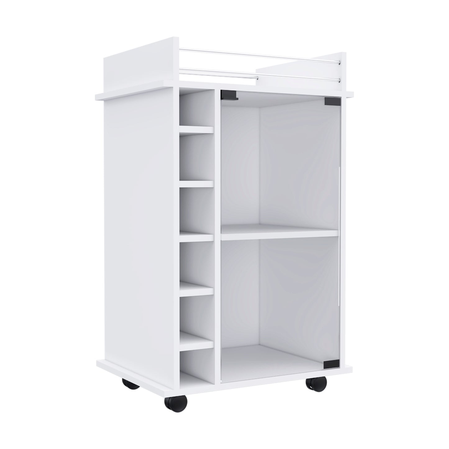White rolling bar cart with open shelving and metal supports