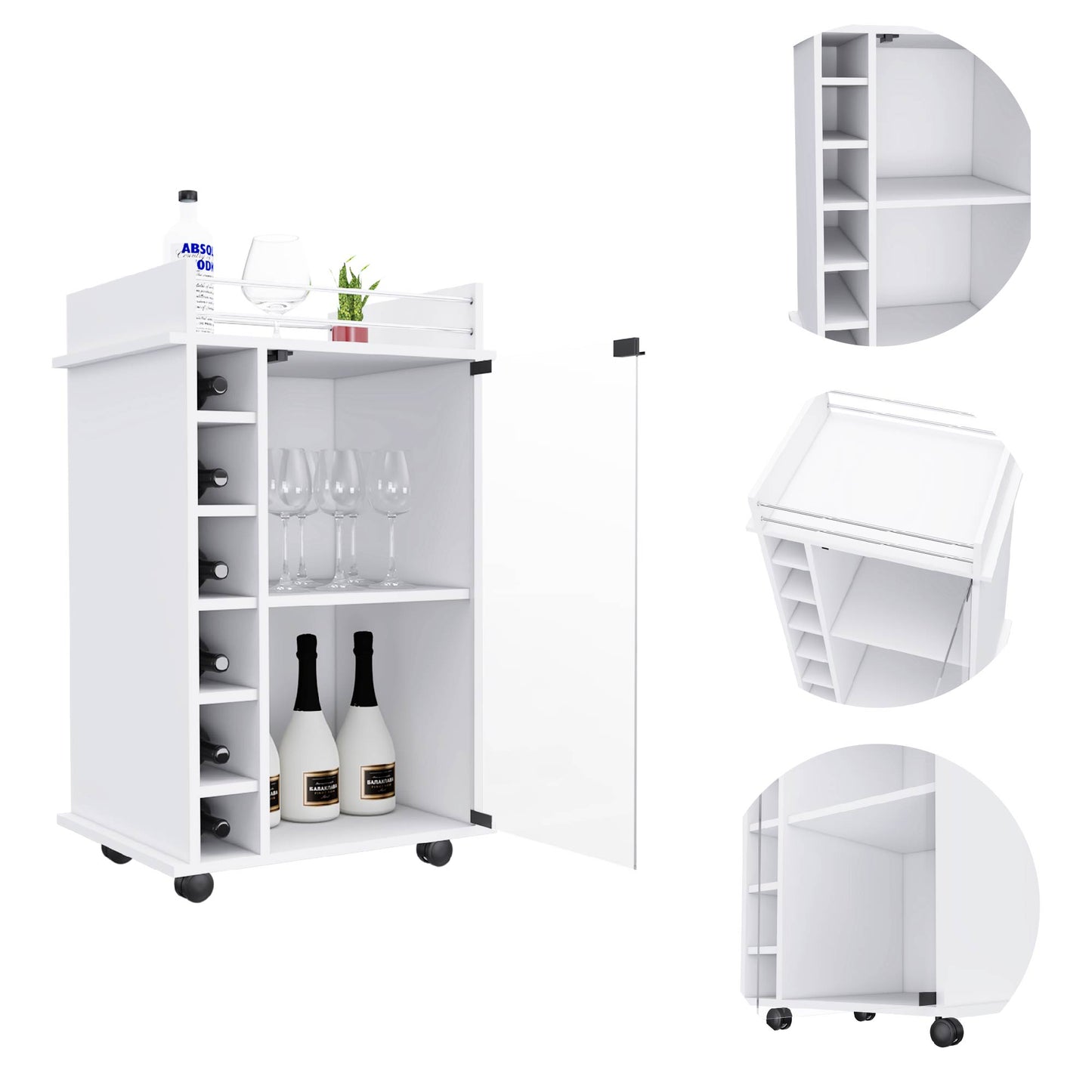 White rolling bar cart with wine rack and glassware