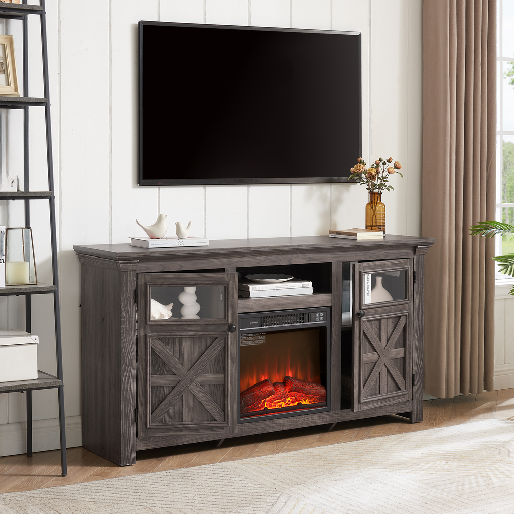 Gray rustic farmhouse TV stand with electric fireplace and glass doors