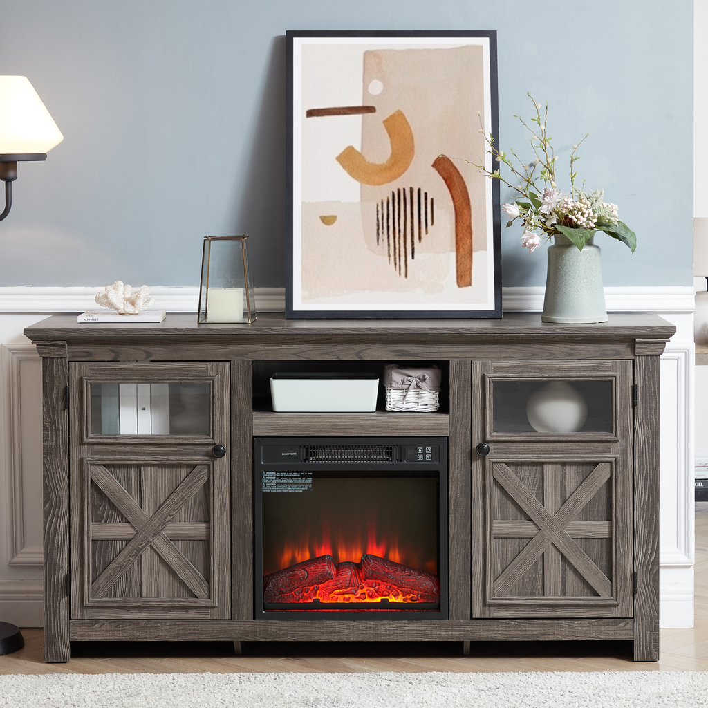 Rustic grey wood fireplace TV stand with glass cabinet doors and electric fireplace insert