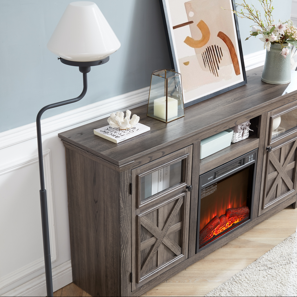 Gray wood media console with electric fireplace and glass doors