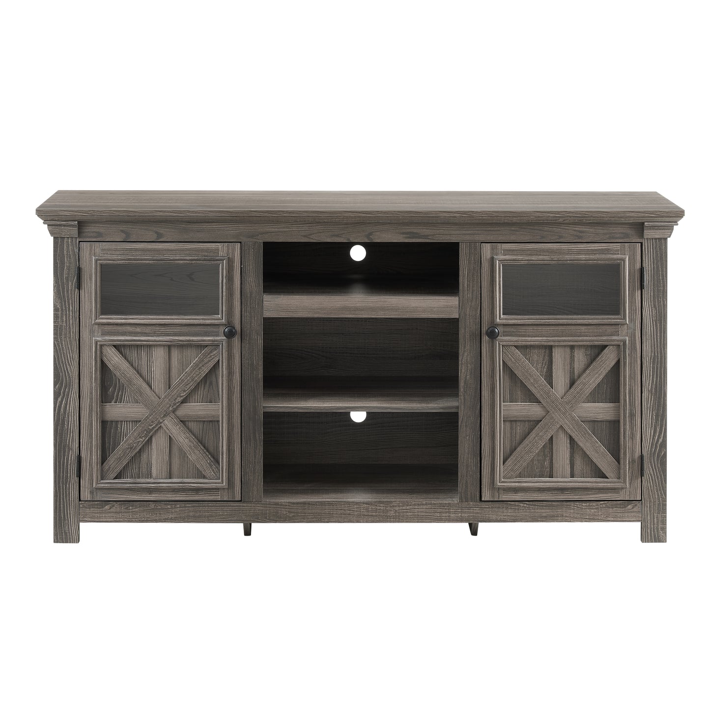 Gray wooden TV stand with glass doors and barn door accents