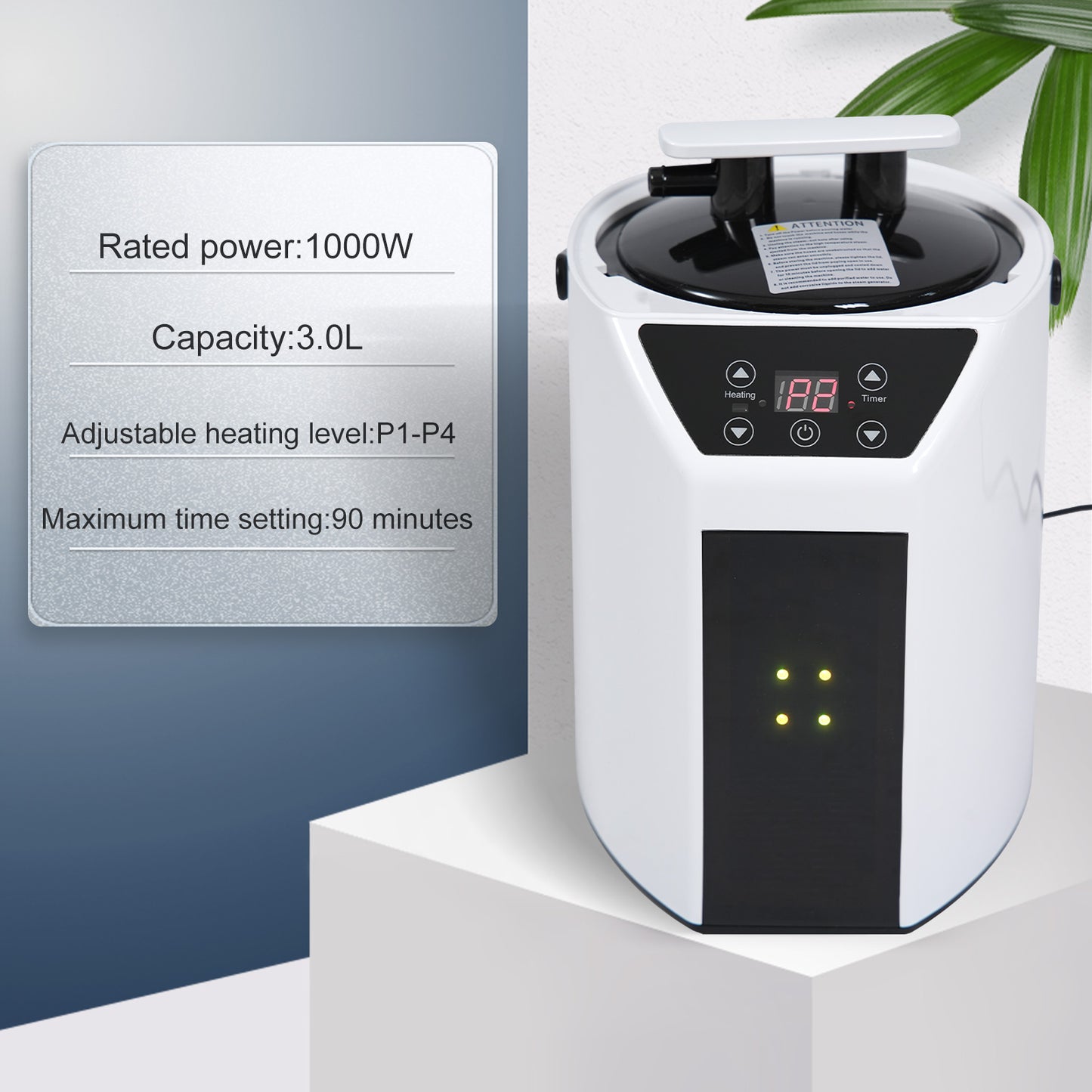 White L steam pot with adjustable heating and digital timer display