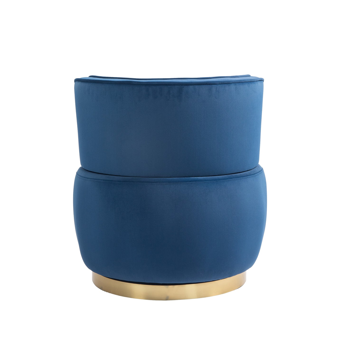 Plush navy blue velvet ottoman with a gold metal base