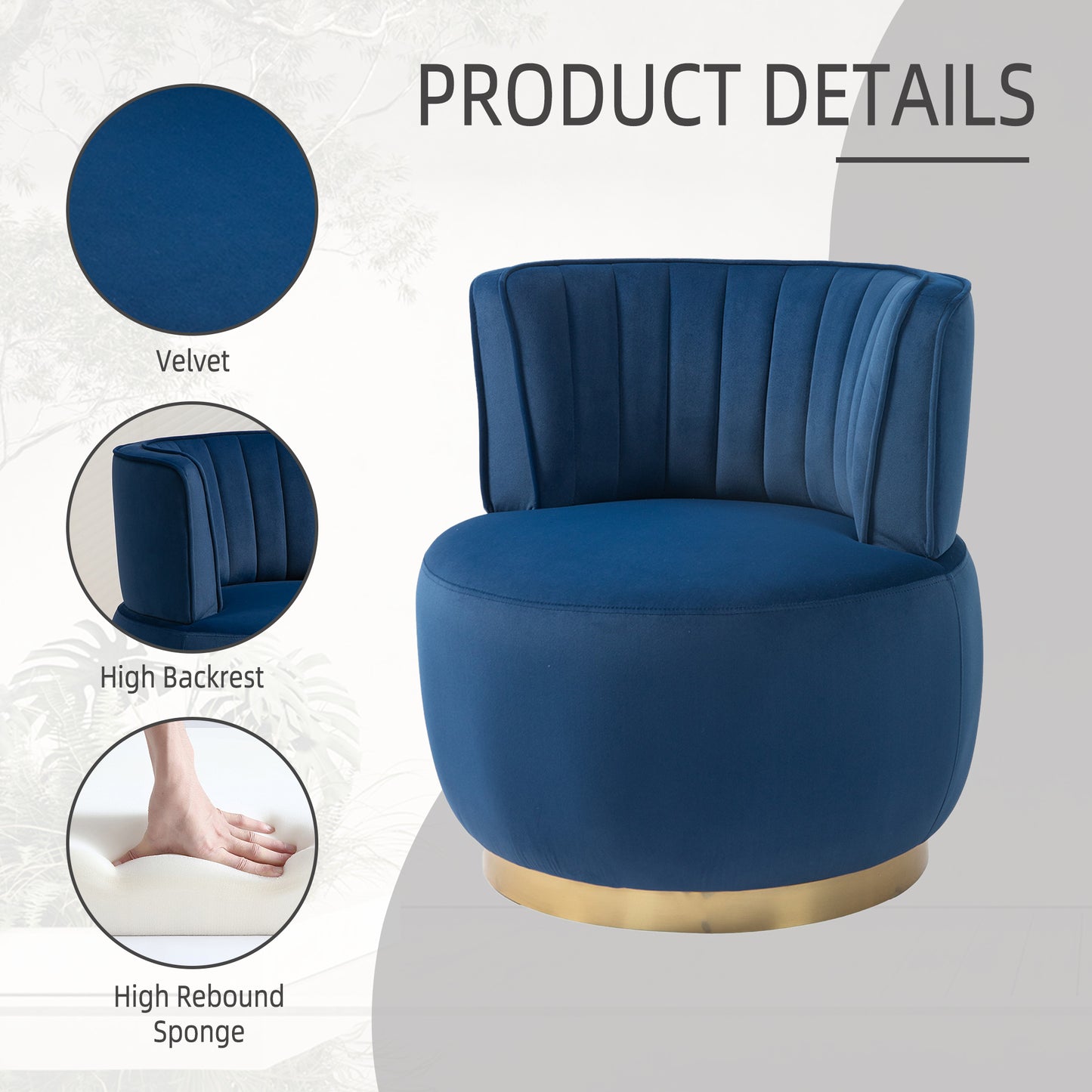 Plush navy blue velvet armchair with fluted backrest and gold base