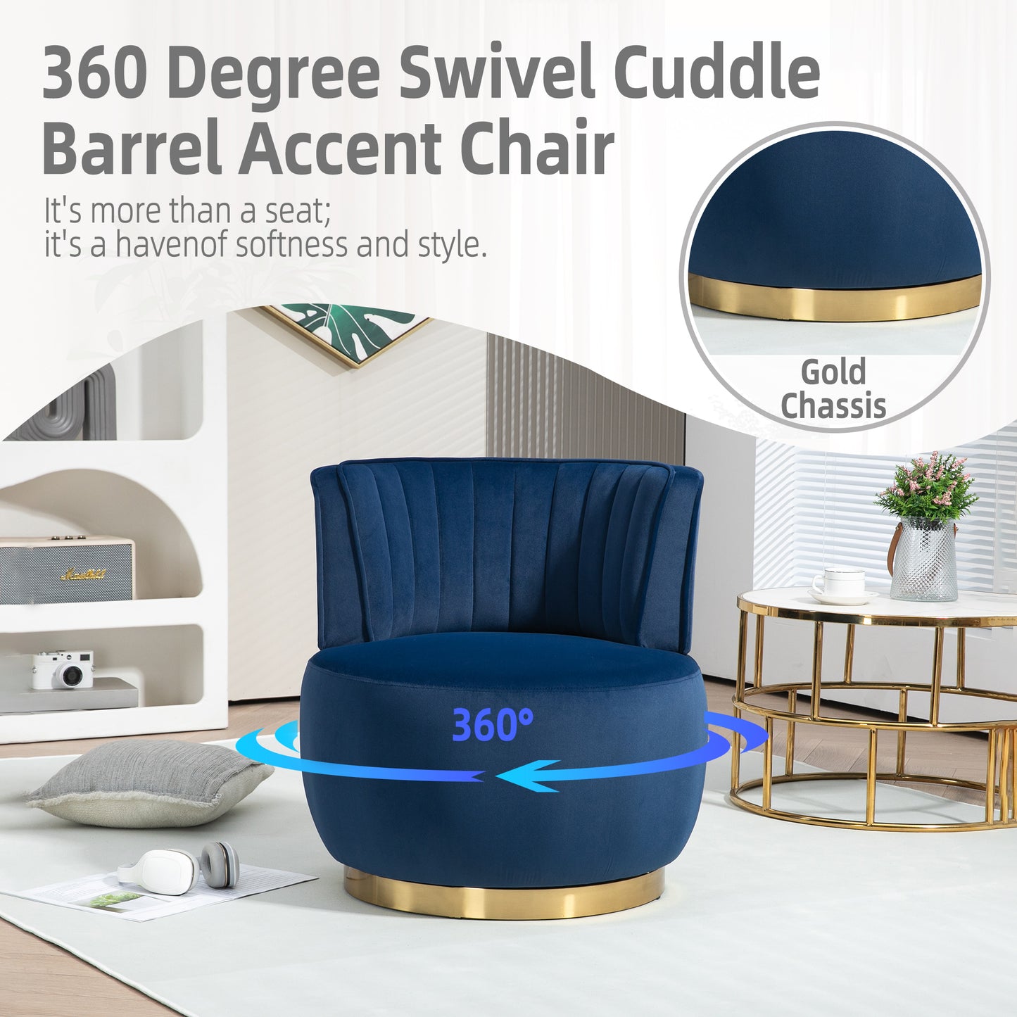 Navy blue velvet accent chair with gold swivel base