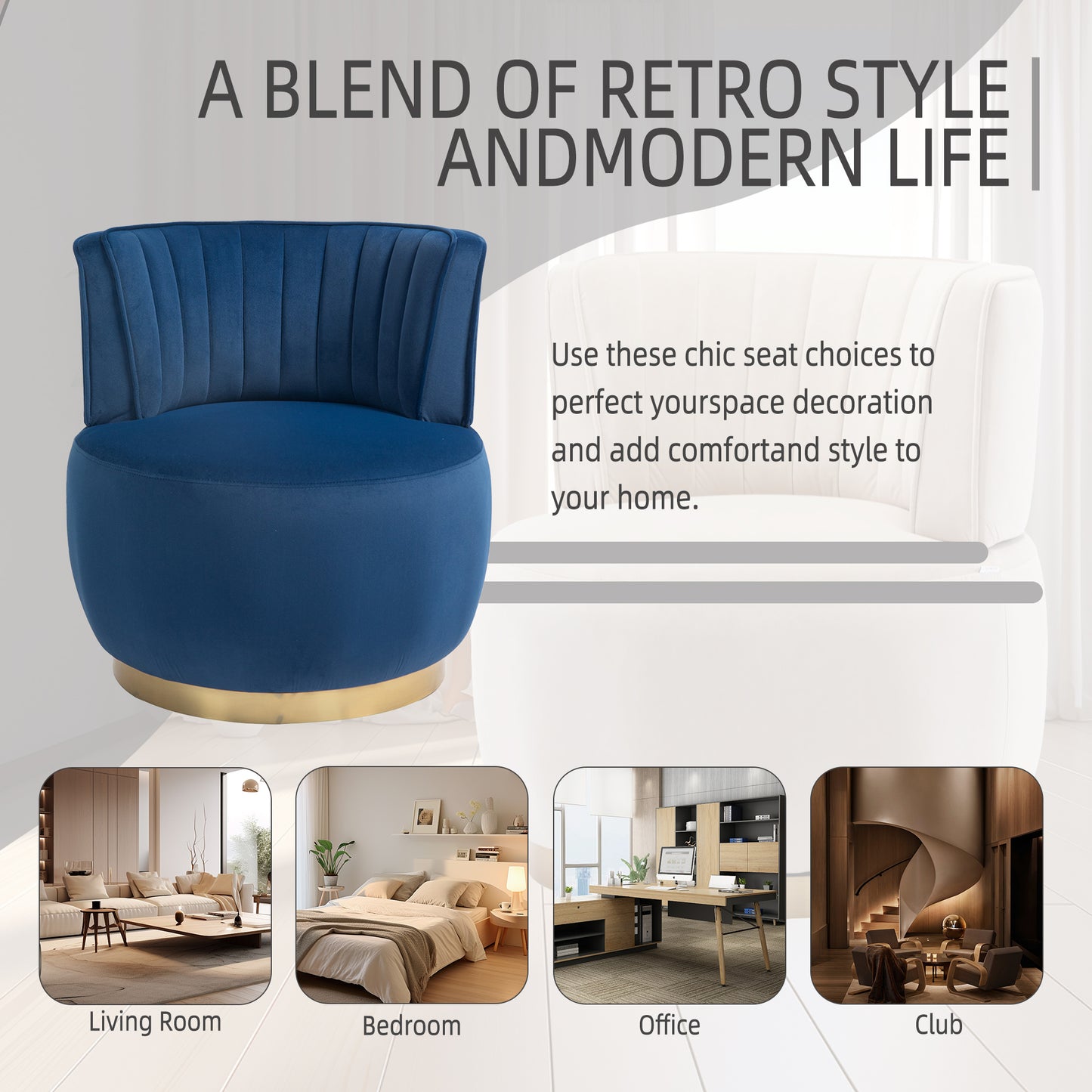 Navy velvet accent chair with gold base and channeled back