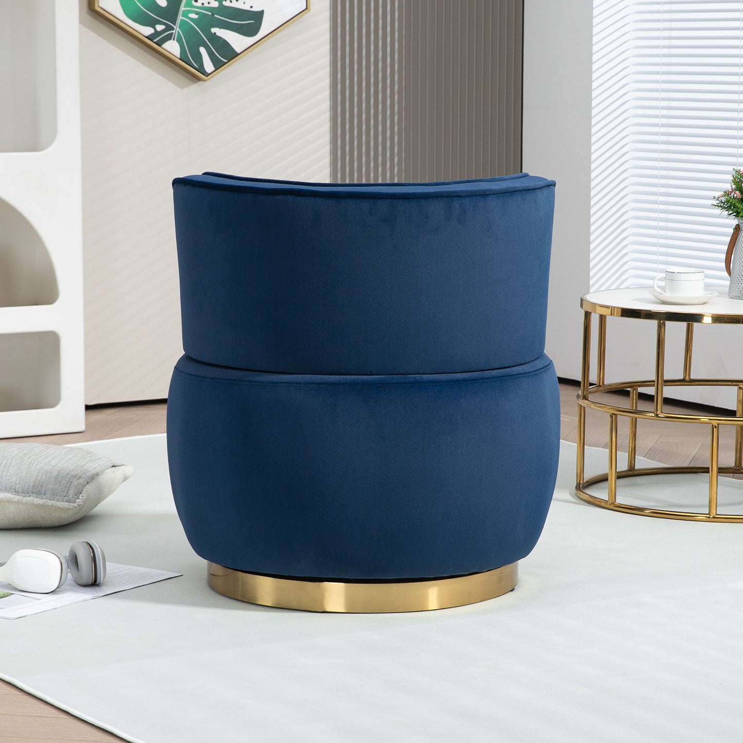 Navy blue velvet armchair with gold base contemporary design accent chair