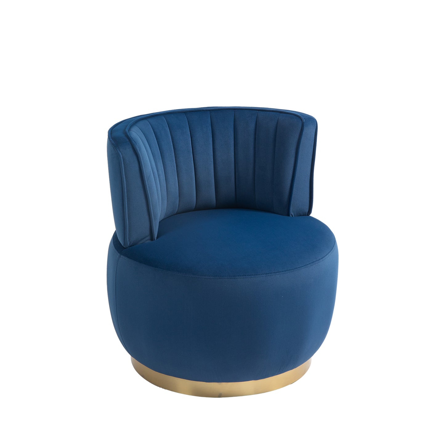 Plush navy blue velvet accent chair with vertical channel tufting and a brushed gold base