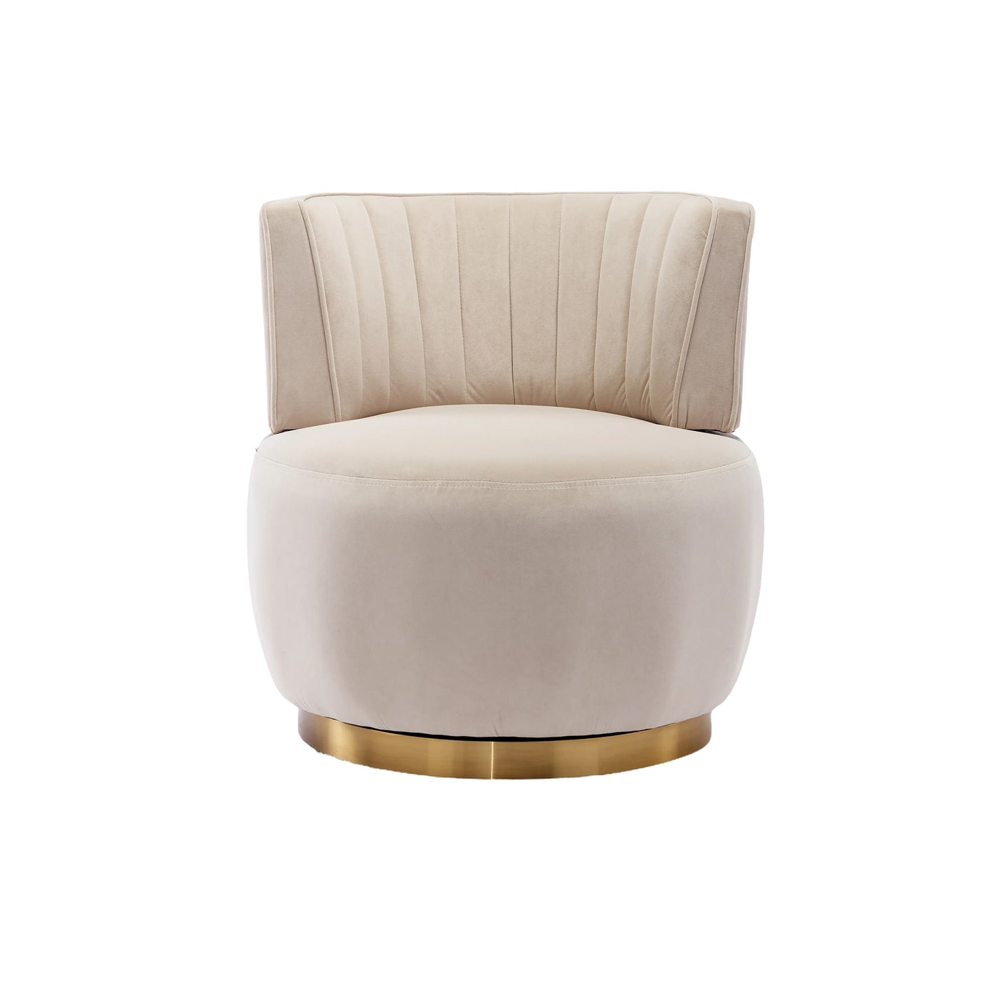 Beige velvet armchair with channel tufting and brass base