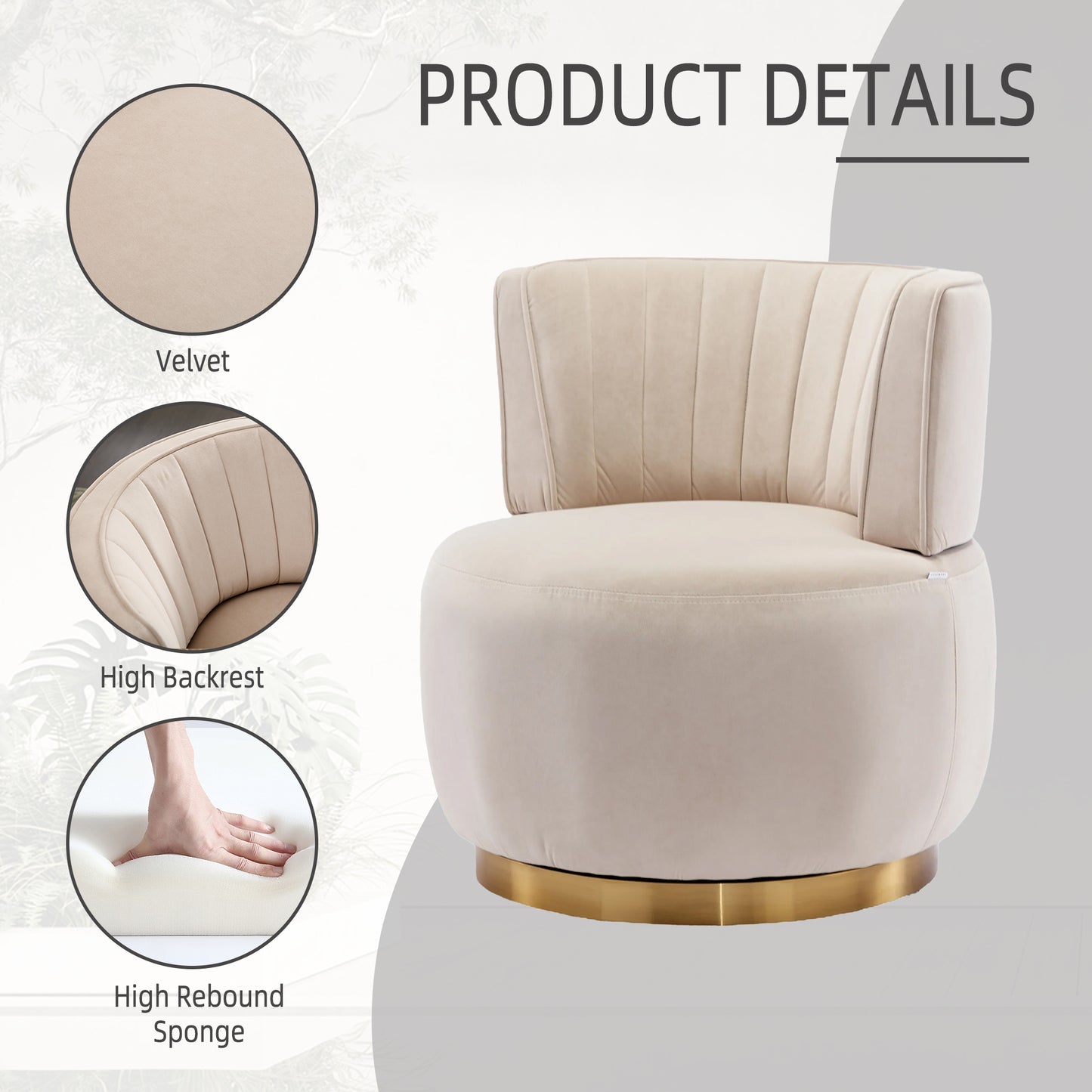 Cream velvet accent chair with fluted back and gold swivel base perfect for living rooms