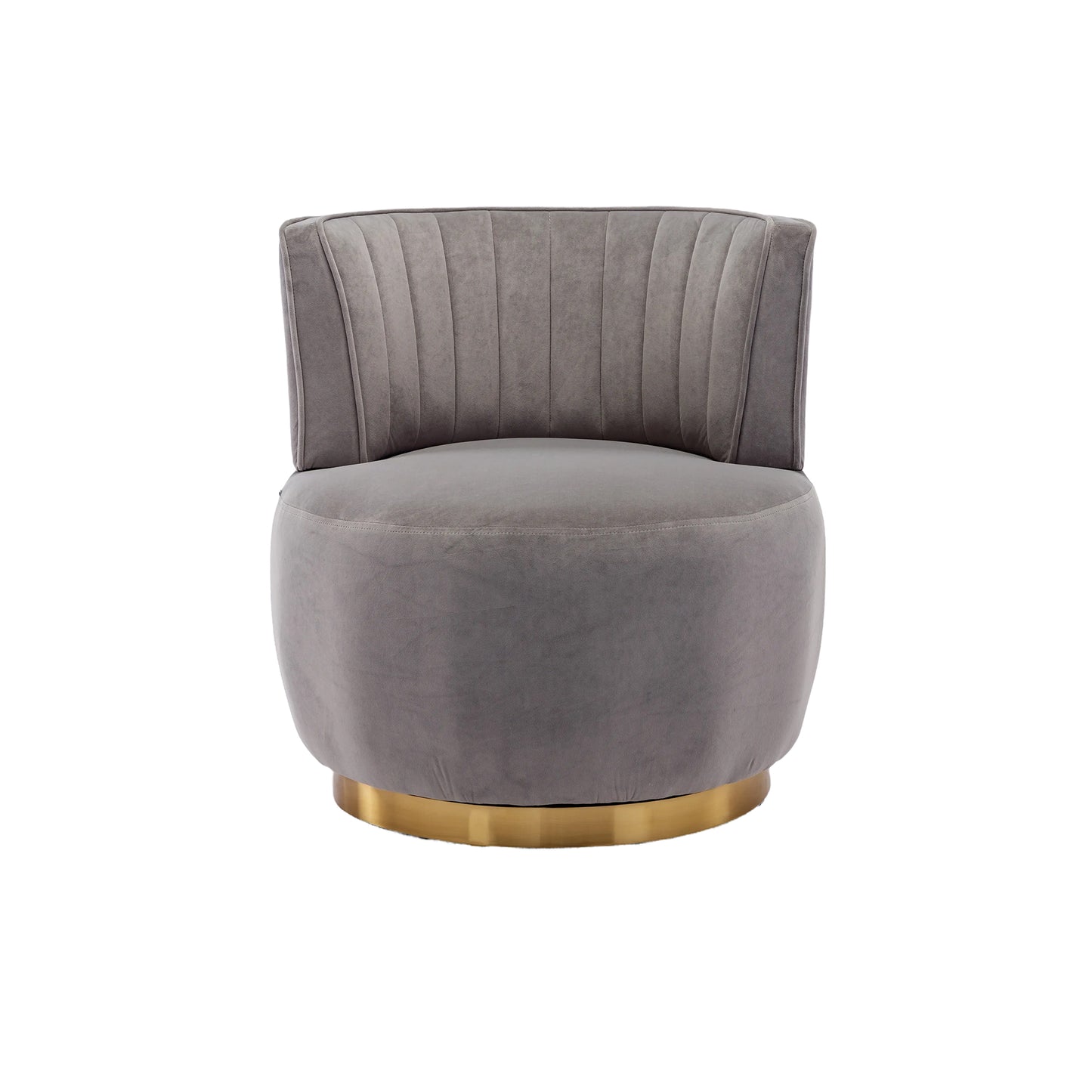Plush grey velvet accent chair with vertical channel tufting and a gold base