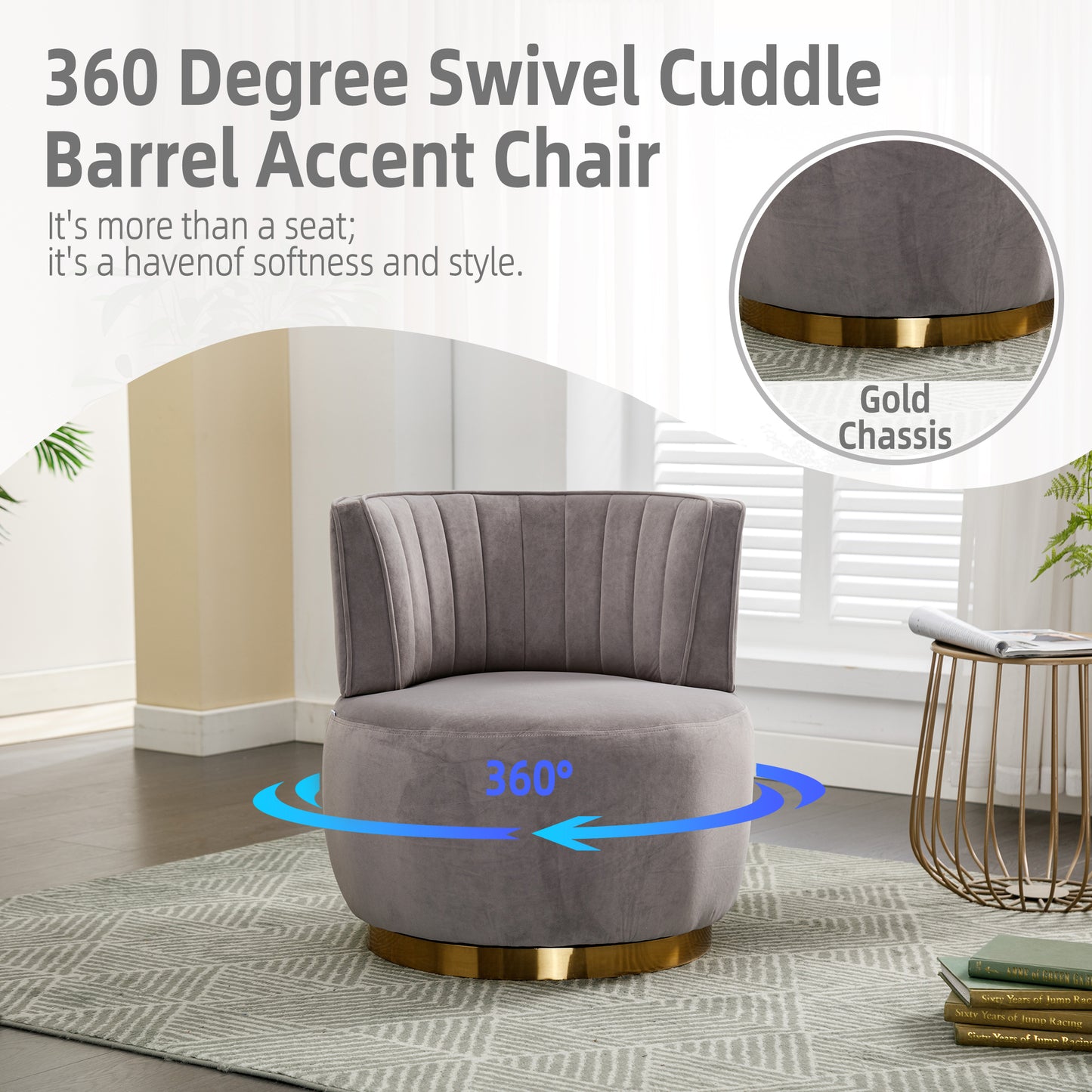 Gray velvet barrel accent chair with a degree gold swivel chassis
