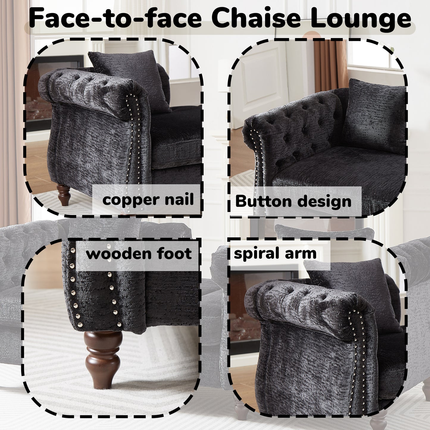 Dark grey velvet chaise lounge with button tufted back and nailhead trim
