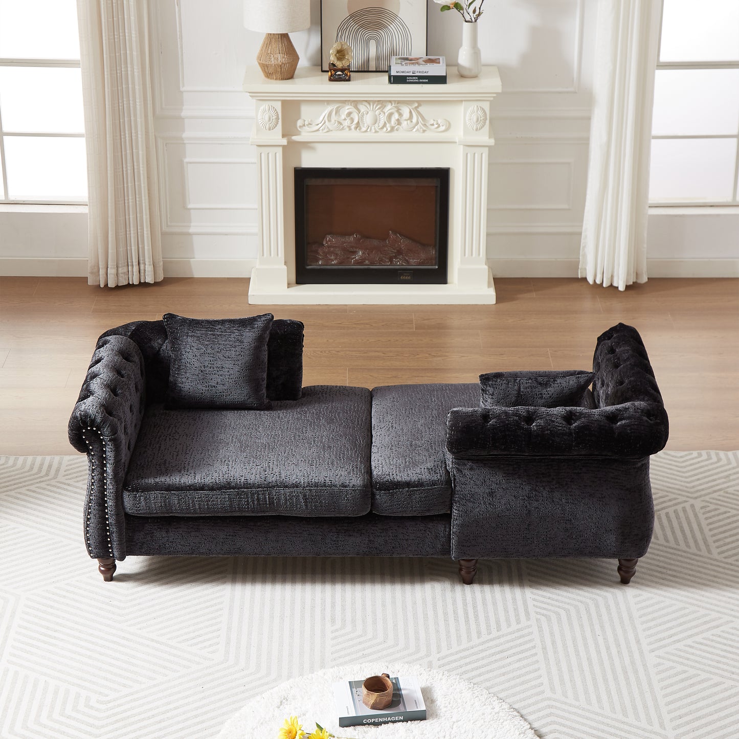Tufted charcoal velvet chesterfield sofa with silver nailhead trim perfect for a living room