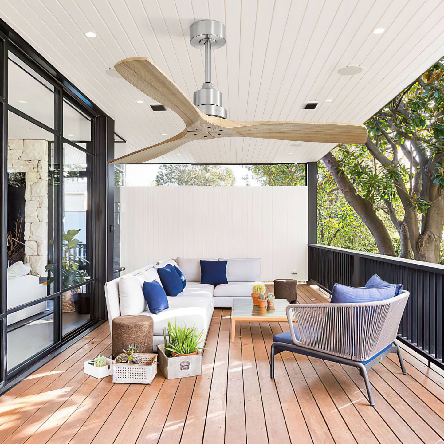 Modern outdoor ceiling fan with natural wood blades and brushed nickel finish