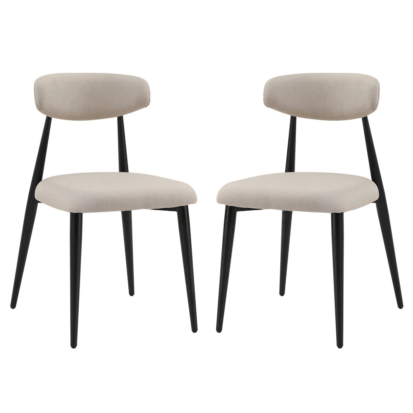 Two upholstered dining chairs in beige fabric with black metal legs