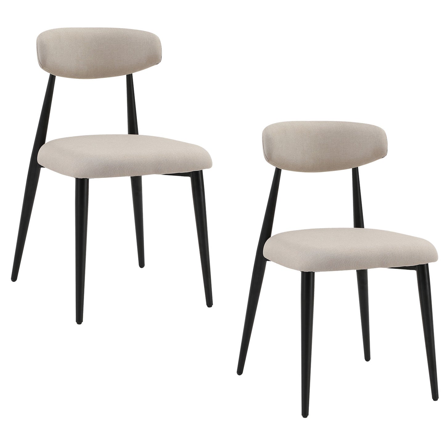 Two modern beige upholstered dining chairs with black tapered legs
