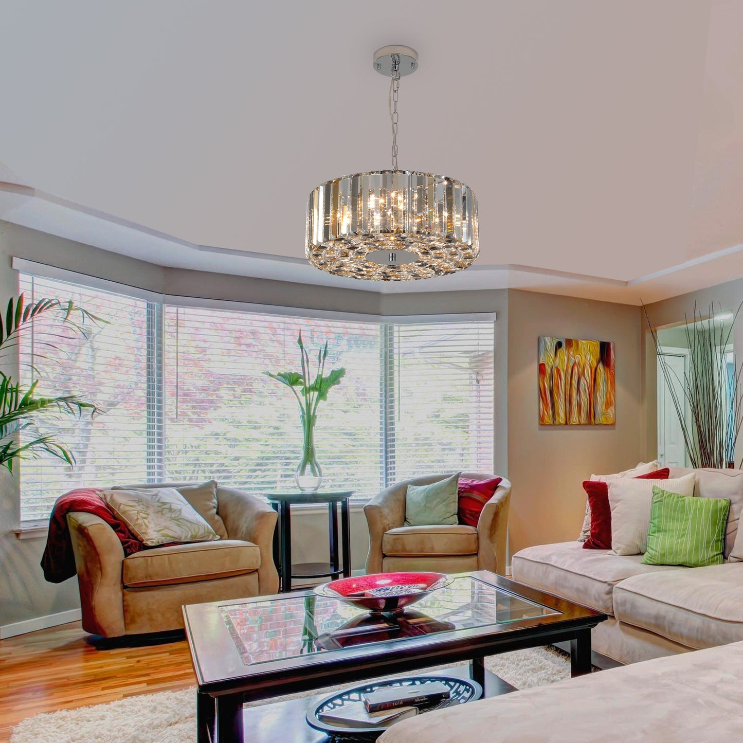 Glamorous crystal flush mount ceiling light with chrome finish illuminating modern living spaces