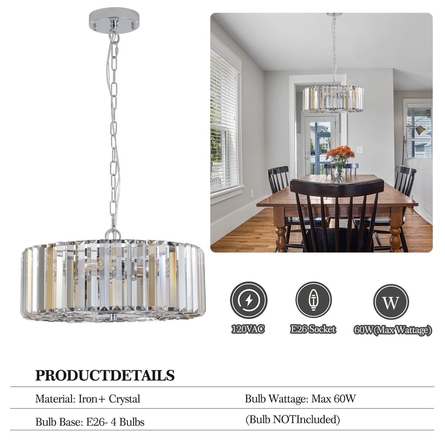 Crystal drum chandelier with chrome finish and clear crystal accents