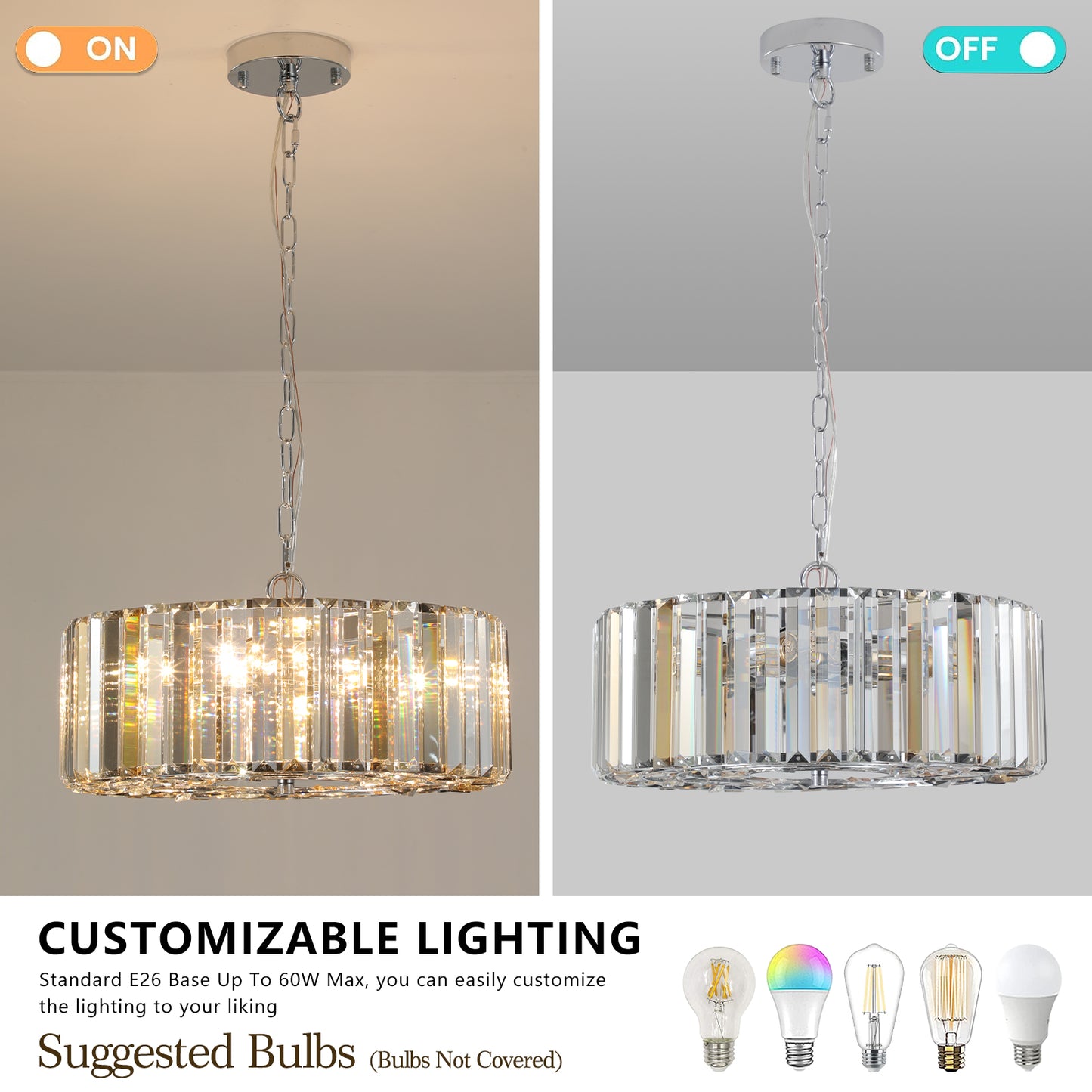 Crystal drum pendant light with polished chrome finish illuminated