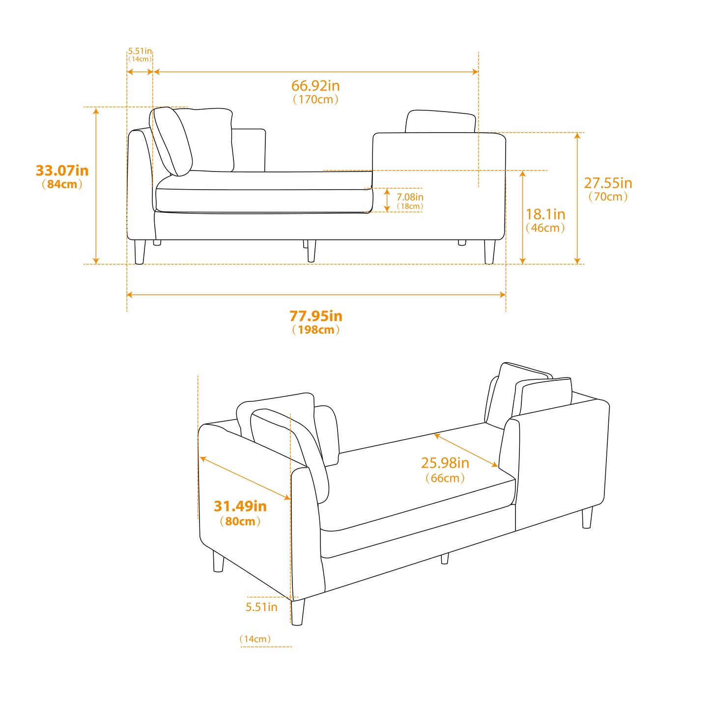 Diagram of a modern couch showing dimensions in length in height in width