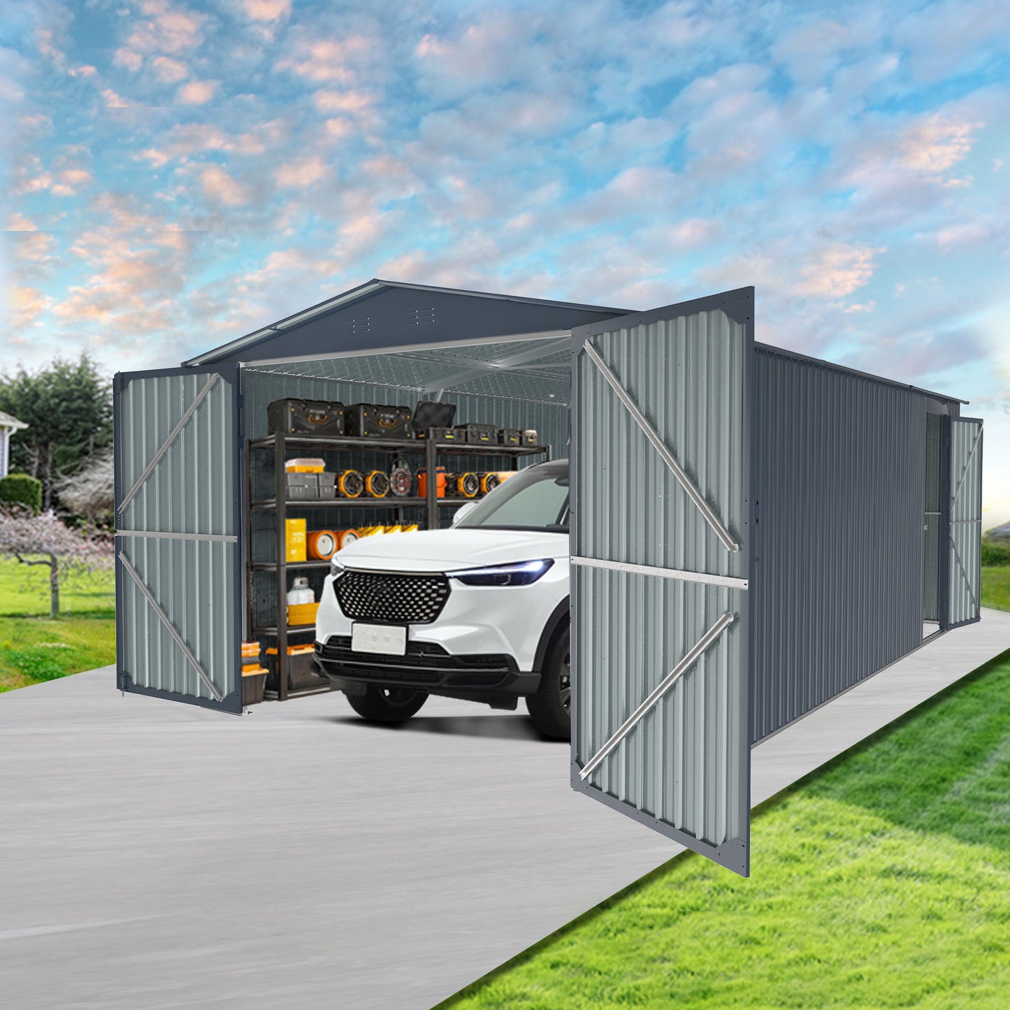 Dark gray metal garage with open doors and a white car inside organized storage shelves visible