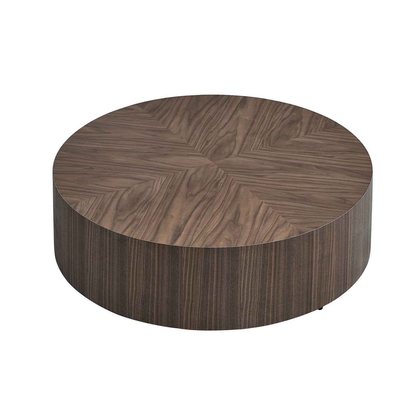 Round wooden coffee table with a geometric wood grain pattern