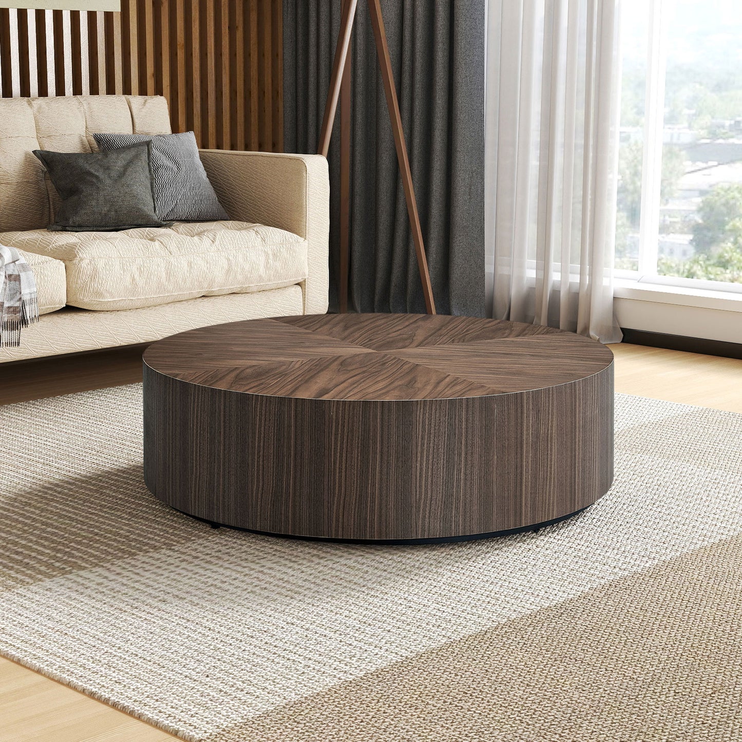 Round dark wood veneer coffee table with sunburst top pattern
