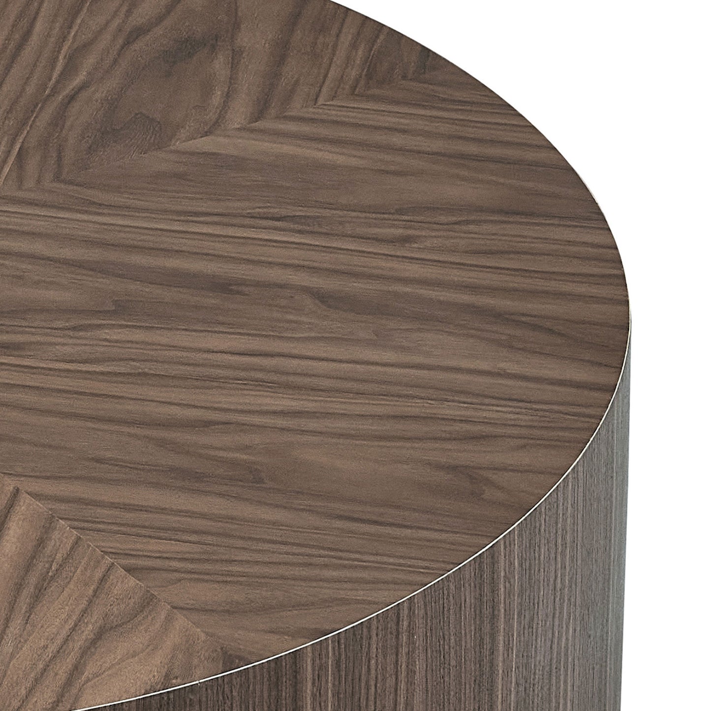 Dark walnut veneer wood table with chevron pattern and curved edge