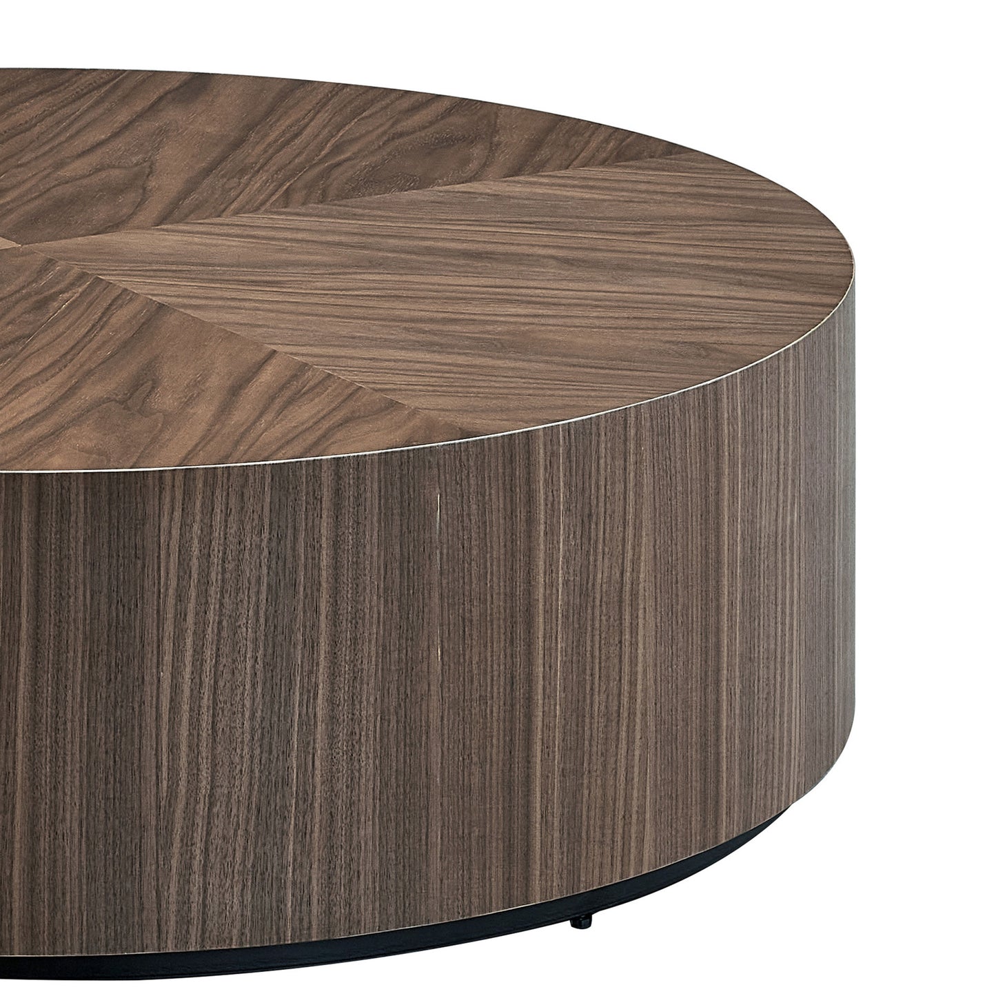 Dark walnut veneer round coffee table with chevron top design