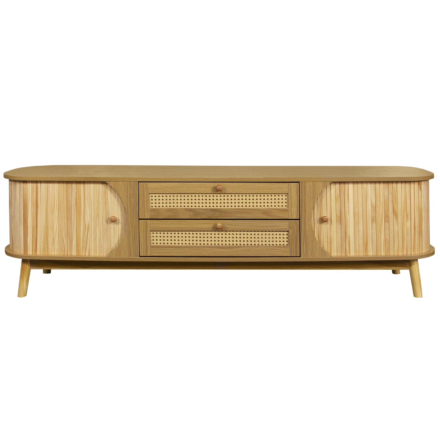 Natural wood TV stand with cane inserts on drawers and fluted wood doors