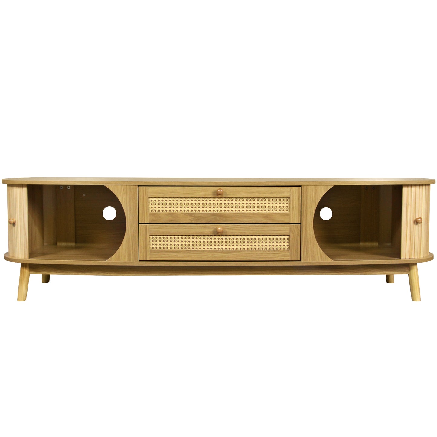 Light oak media console with two rattan cane drawer fronts and round metal handles