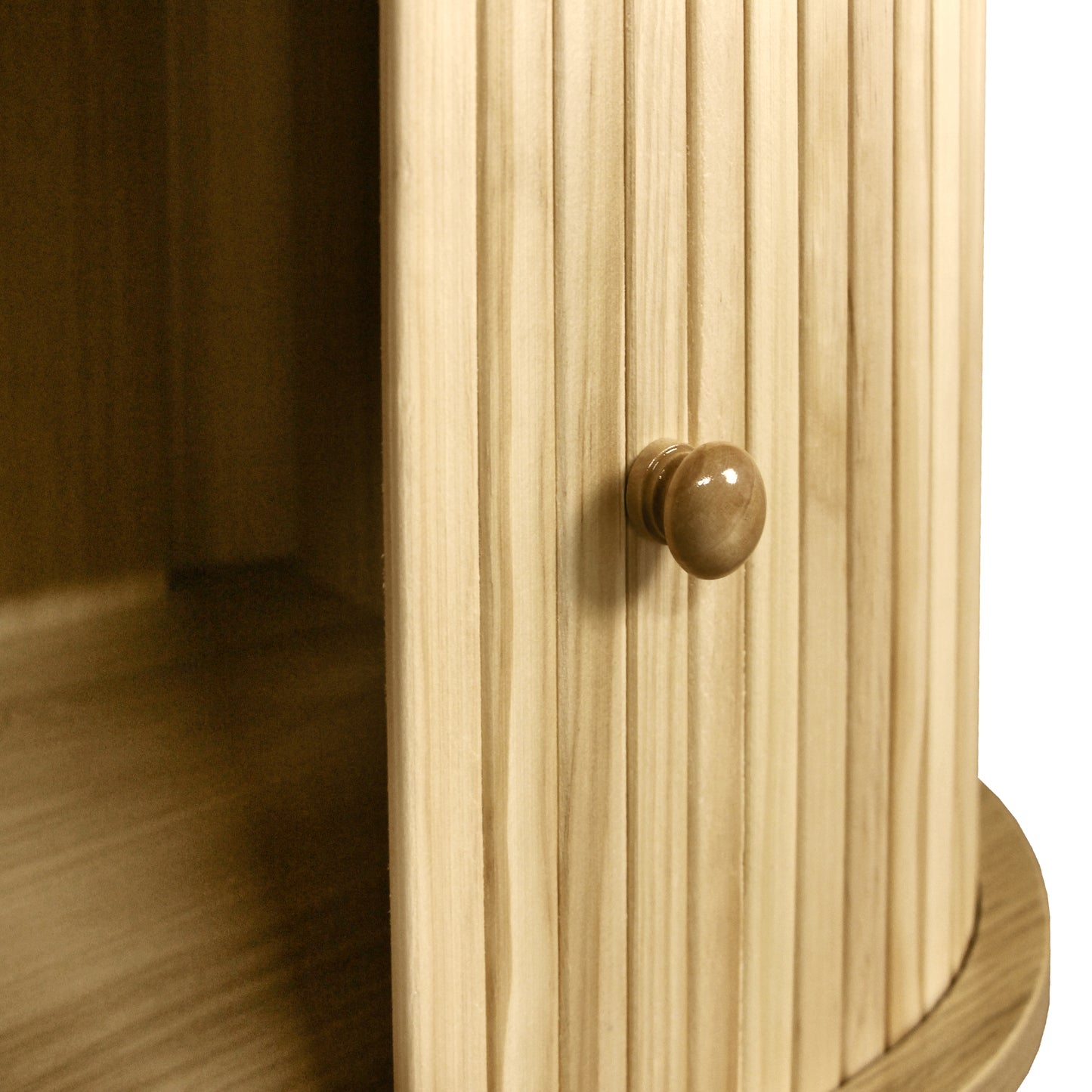 Natural pine wood bread box with ribbed door and round knob