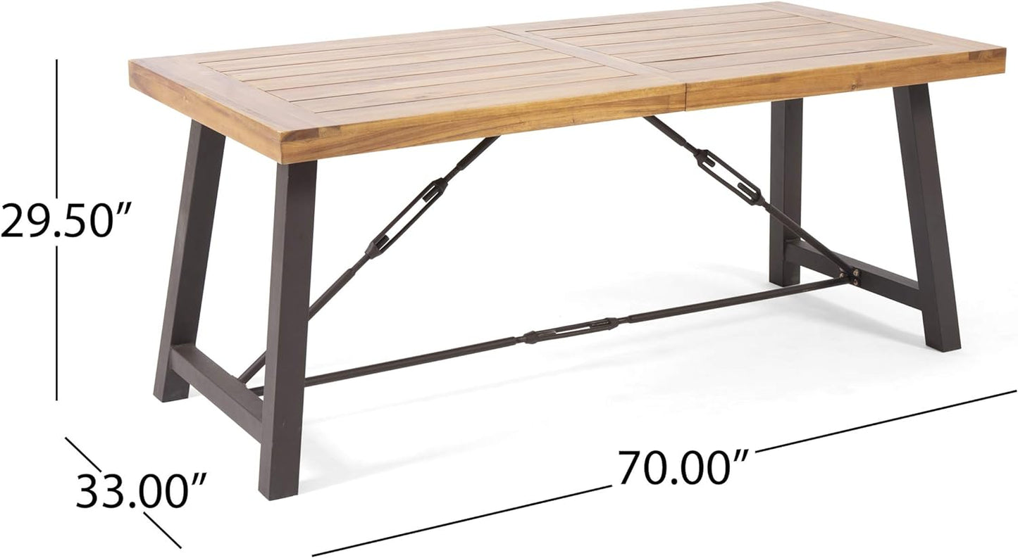 Teak wood slatted dining table with dark metal Aframe legs and decorative turnbuckles