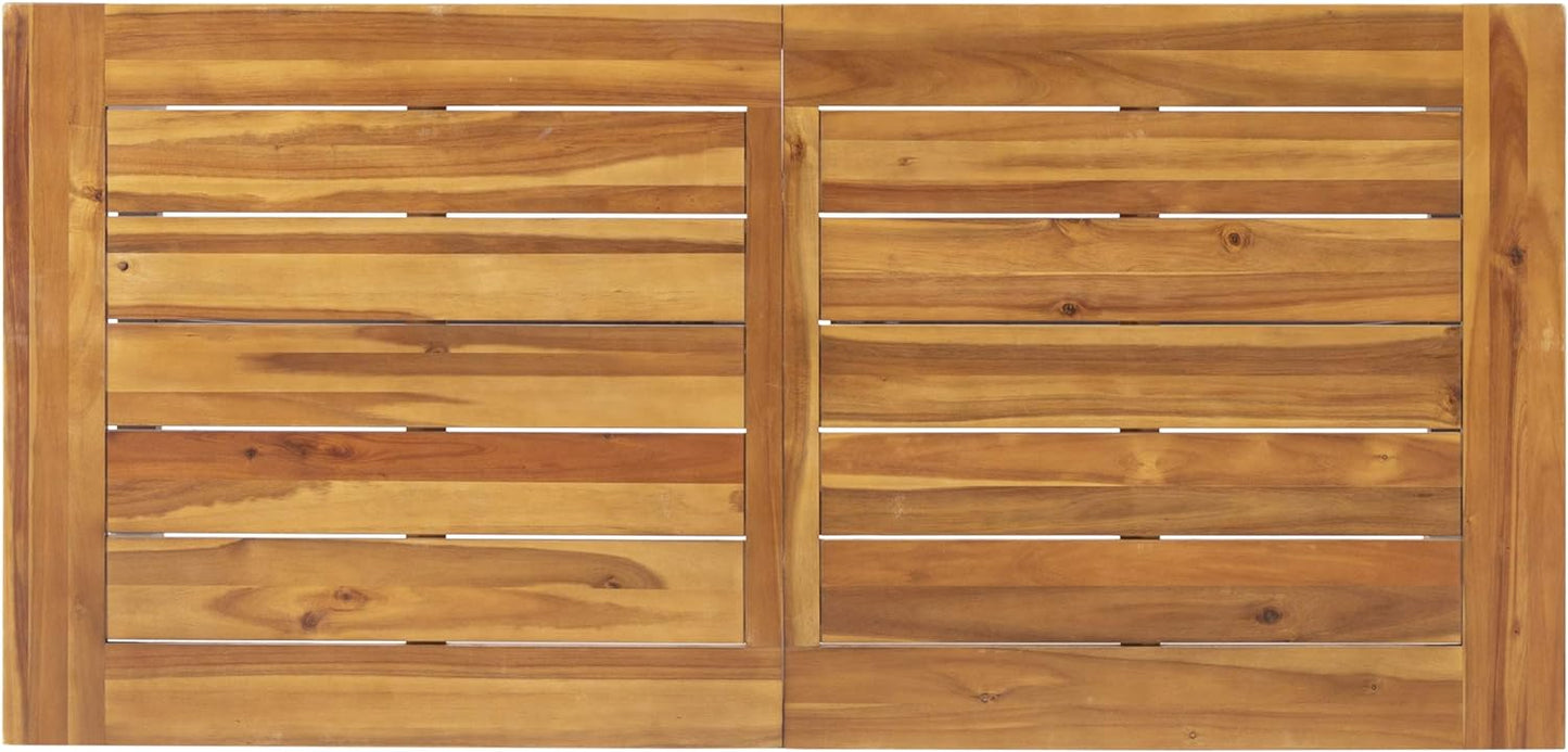 Natural wood slatted patio dining table top in warm brown tones