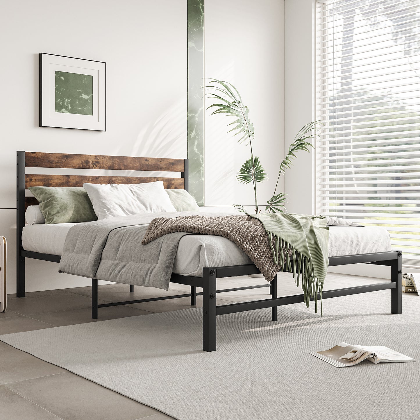 Modern black metal bed frame with rustic wood headboard