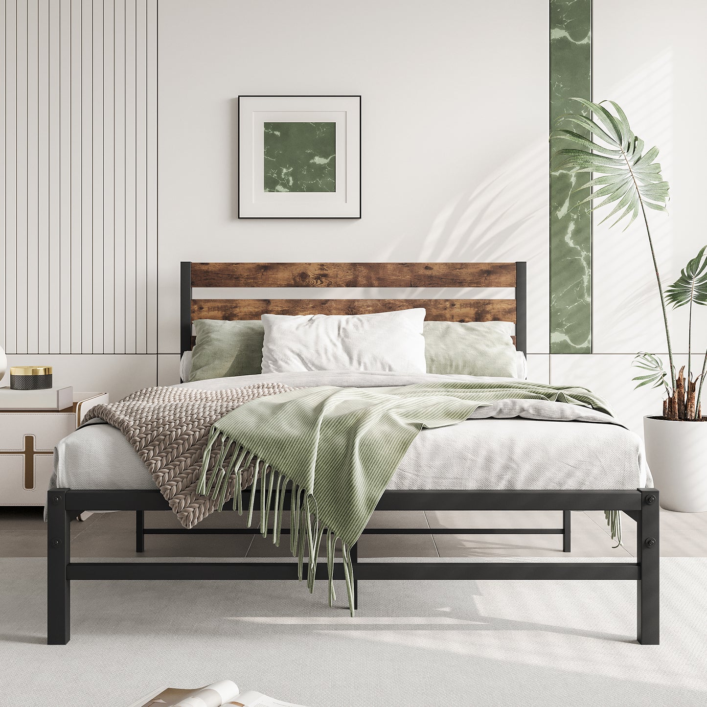 Rustic wood and black metal bed frame with plush bedding