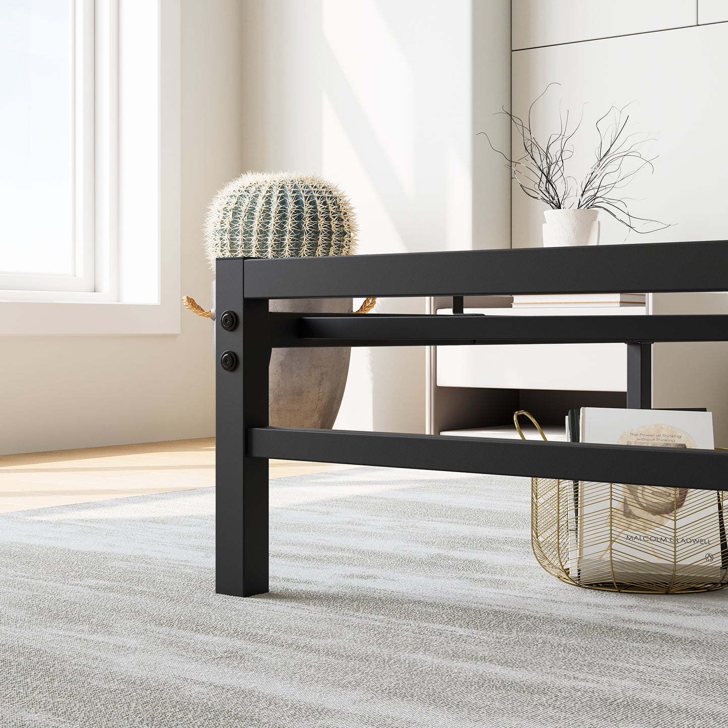 Black metal platform bed frame with simple modern design