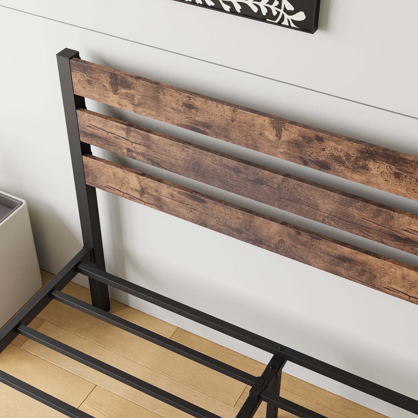 Rustic wood and black metal bed frame headboard detail