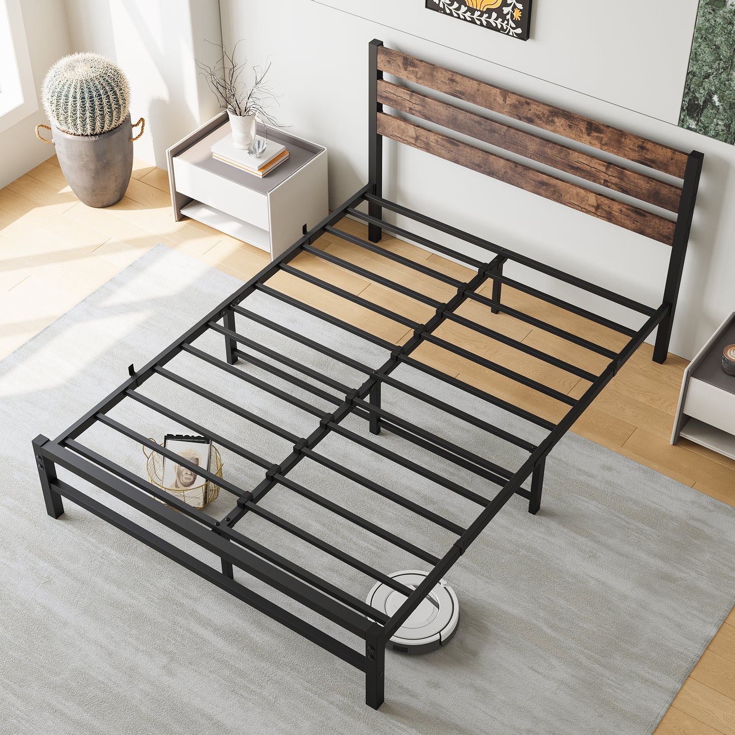 Rustic wood and black metal bed frame with sturdy slats