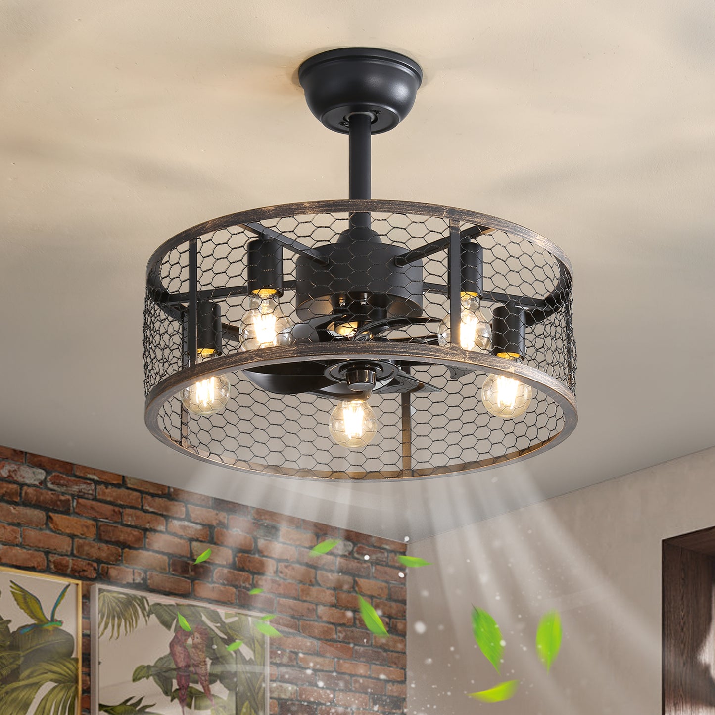 Industrial ceiling fan with cage design and six exposed Edison bulbs
