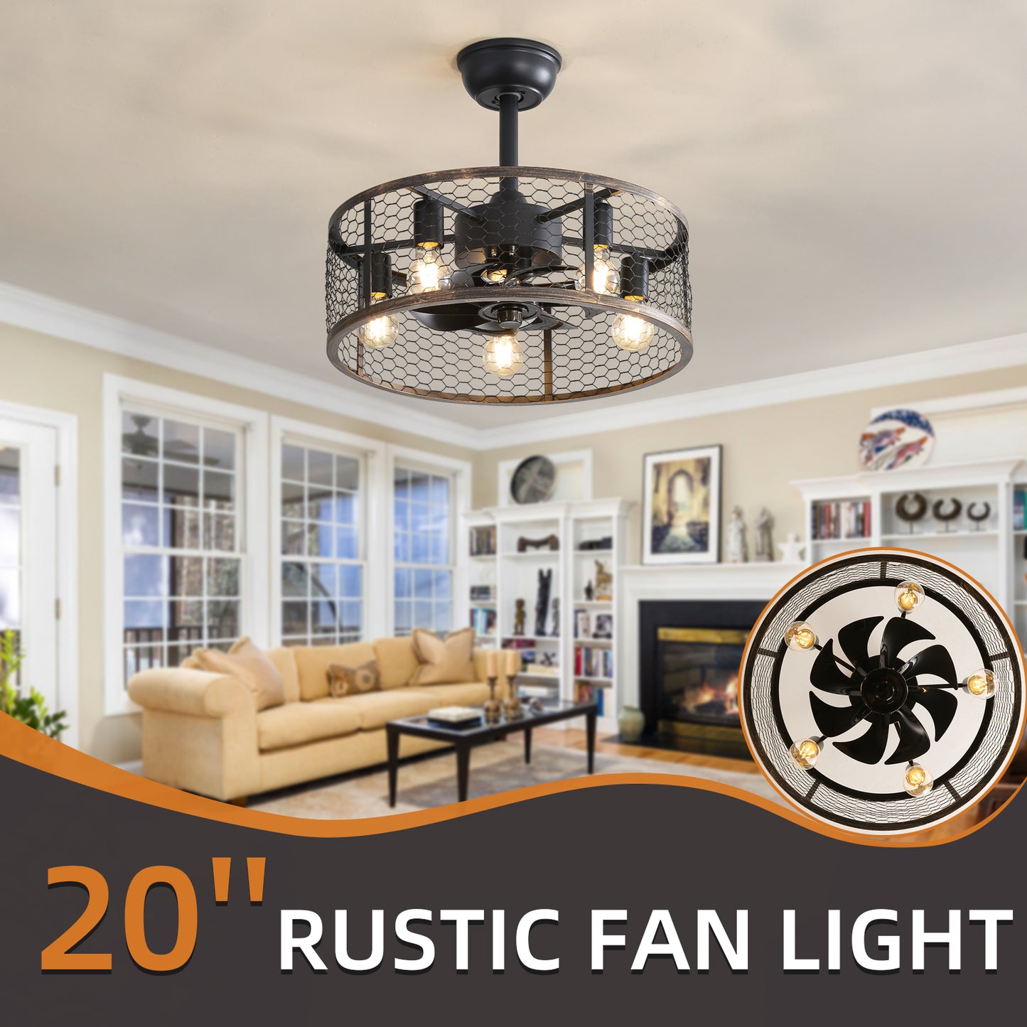 Black inch rustic ceiling fan light with industrial chicken wire cage and Edison bulbs