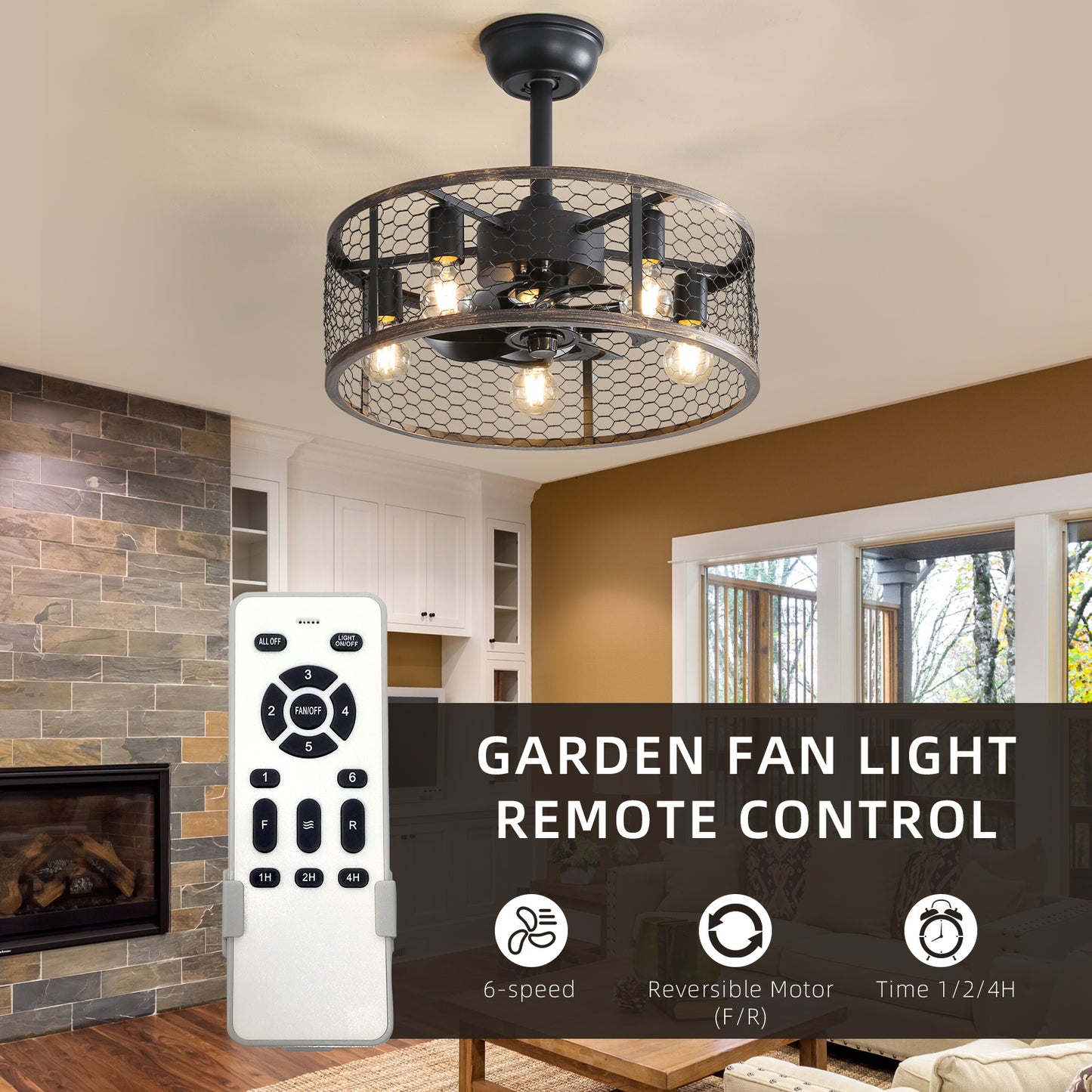 Black industrial cage fan light with exposed Edison bulbs and remote control