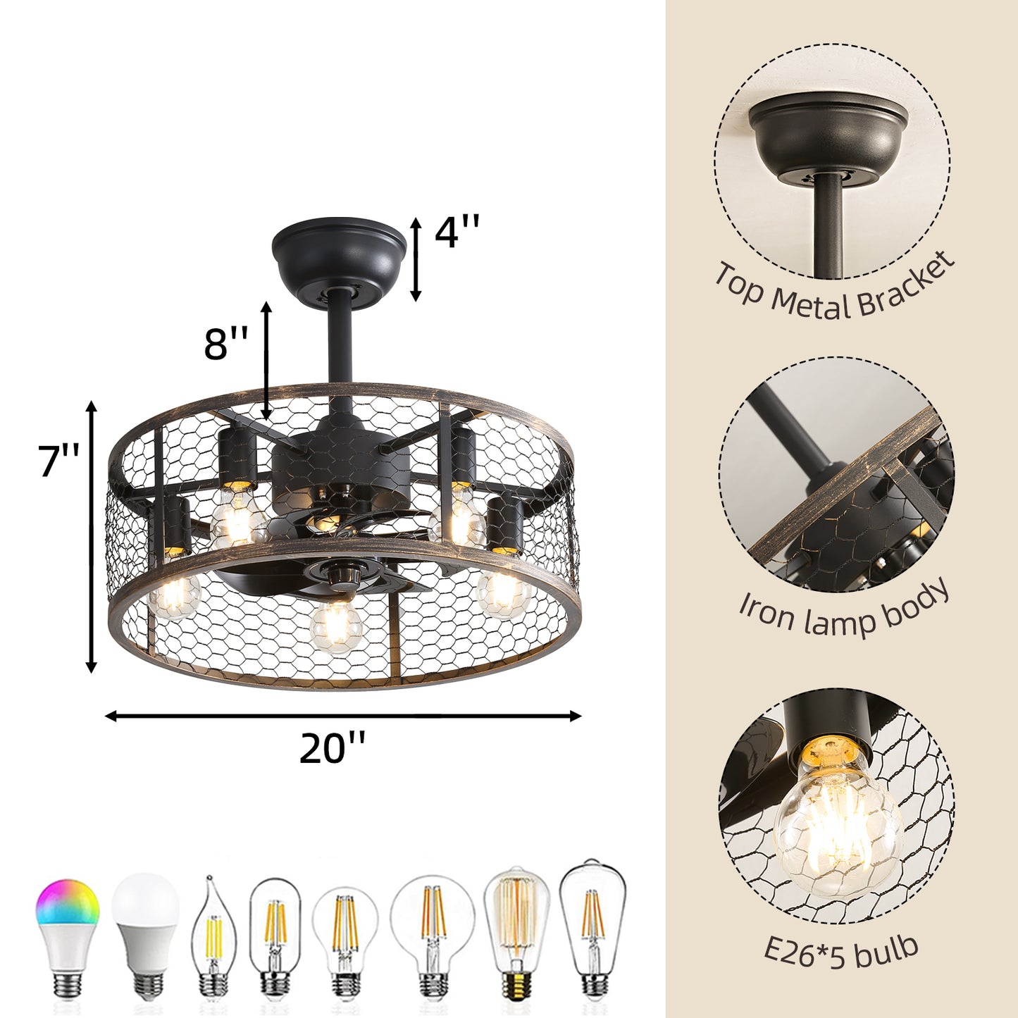Black farmhouse ceiling fan with chicken wire cage and Edison bulbs