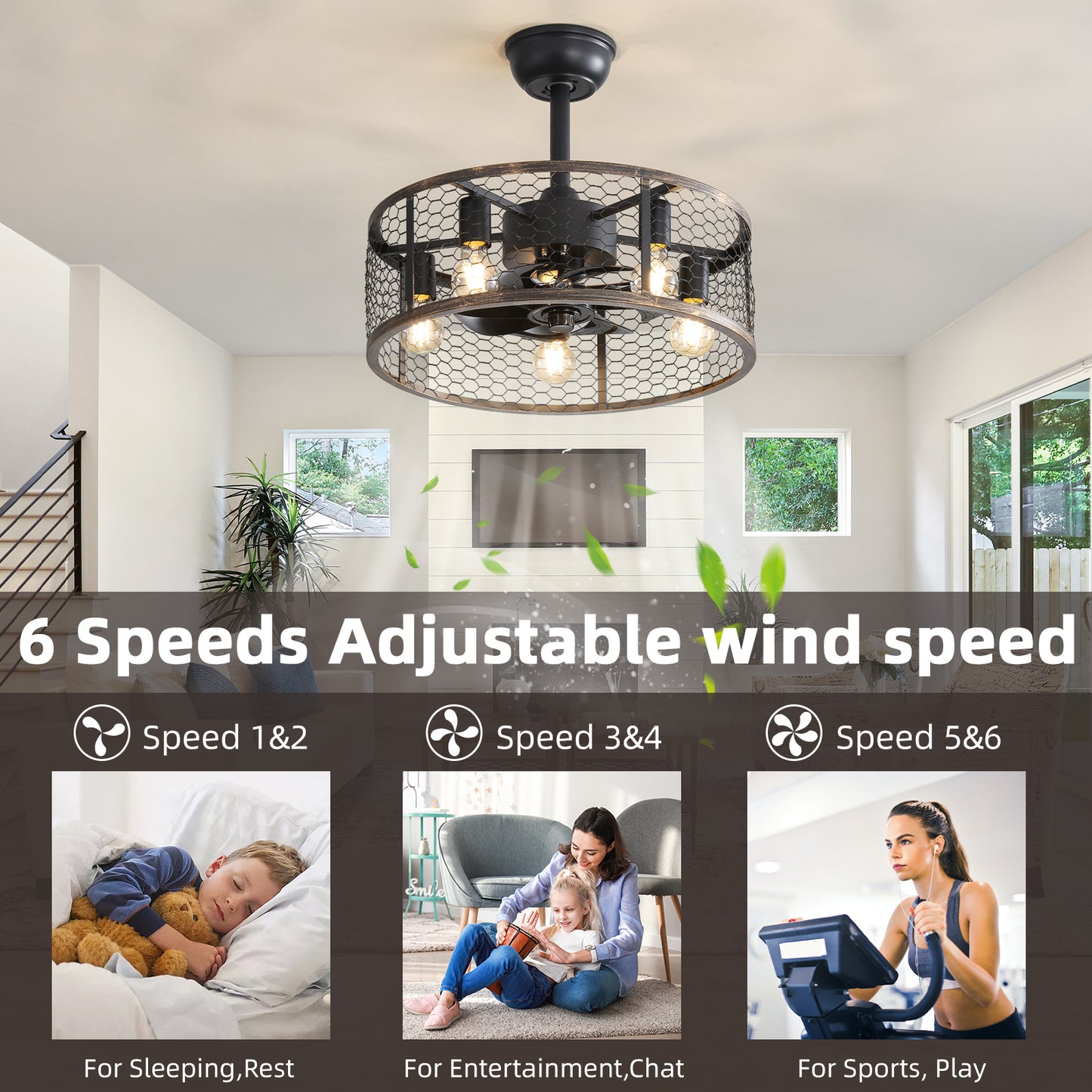 Rustic black ceiling fan with industrial mesh cage and Edison bulbs adjustable speeds